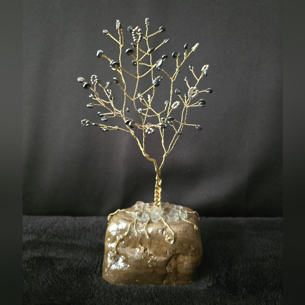 Elegant Handmade Black, Gold & Silver Wire Tree Sculpture